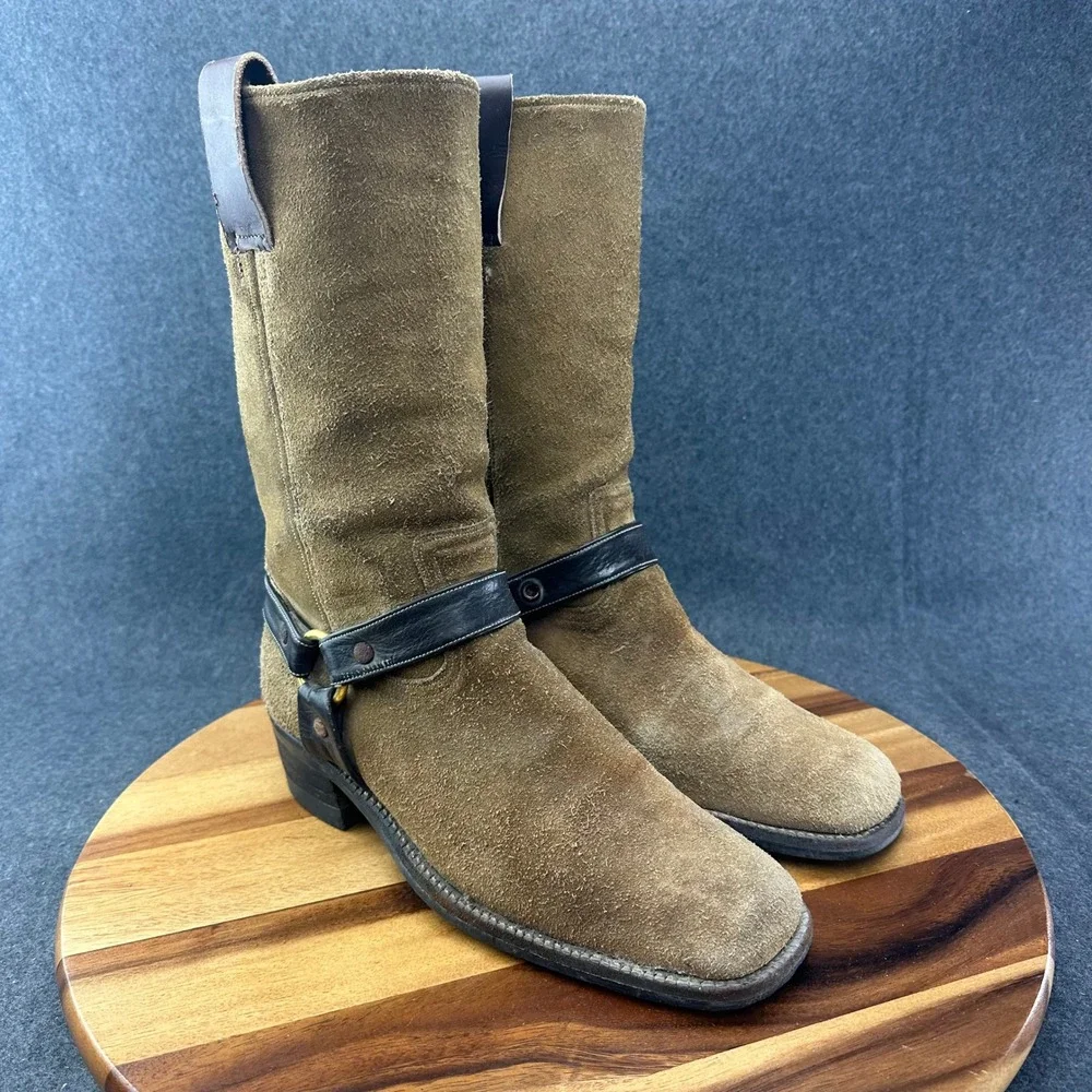Vintage 1970s Mens Tan Suede Harness Boots Square Toe Brown Leather Straps 9.5 - Picture 2 of 12